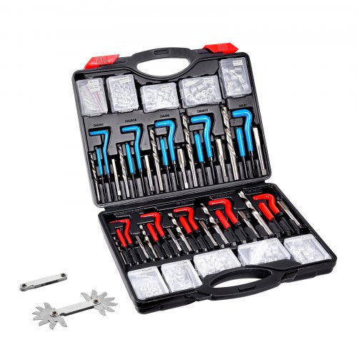 Open black case containing 338-piece Helicoil thread repair kit with blue and red SAE and metric drill bits, taps, and inserts.