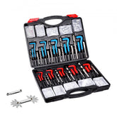Open black case containing 338-piece Helicoil thread repair kit with blue and red SAE and metric drill bits, taps, and inserts.