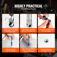 Bostome 338-piece Helicoil thread repair kit with SAE and metric inserts, drill bits, taps, and step-by-step usage diagram.