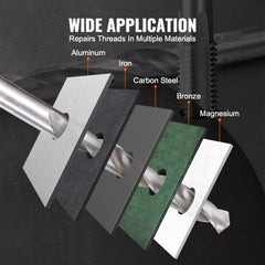 Diagram showing Helicoil thread repair kit application on aluminum, iron, carbon steel, bronze, and magnesium materials.