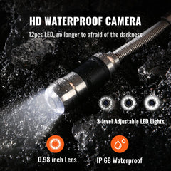 HD waterproof sewer inspection camera with 100ft cable, 7-inch monitor, 12 LEDs, and IP68 rating.
