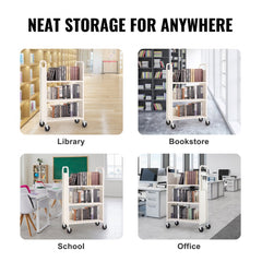 White Bostome rolling book cart with L-shaped shelves and 330 lbs capacity for easy mobility.