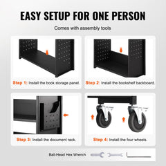 Black rolling book cart with L-shaped shelves and 360° swivel wheels for easy mobility.