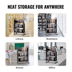 Black Bostome rolling book cart with L-shaped shelves and 360° swivel wheels.