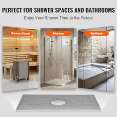 48x72 EPS shower pan kit with central drain, shown in sauna, shower, and bathtub settings.