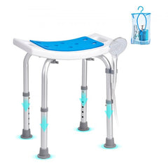 Adjustable shower chair with non-slip rubber feet, cushioned seat, and sturdy aluminum frame.