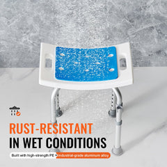 Bostome adjustable shower chair with non-slip rubber feet and cushioned seat for comfort.