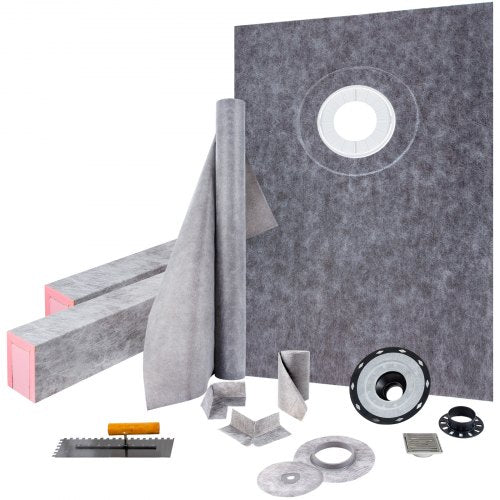 Bostome watertight shower curb kit with ABS offset drain and high-density foam shower tray.
