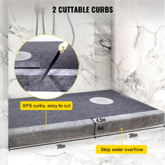 Bostome watertight shower curb kit with high-density foam tray and stainless steel drain grate.