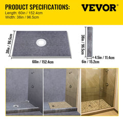 38x60 inch shower curb kit with ABS flange, stainless steel grate, foam tray, and curbs shown in dimensions and installation views.