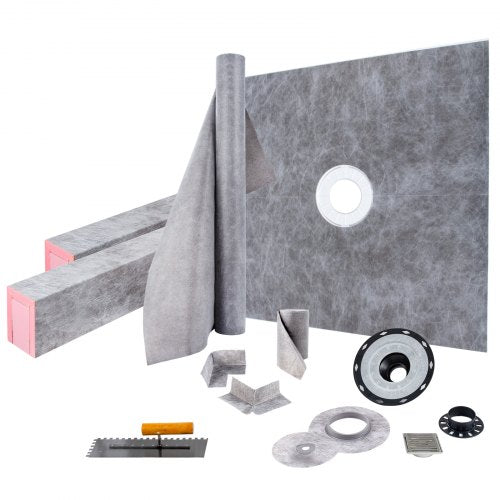 Bostome 48"x48" watertight shower curb kit with ABS flange and stainless steel grate.