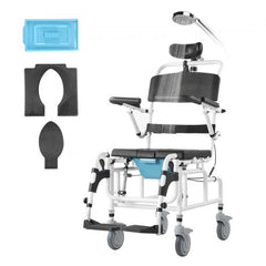 Aluminum alloy shower wheelchair with 17.5in seat, adjustable backrest, and removable commode.