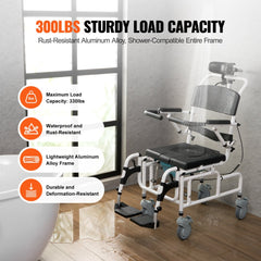 Bostome aluminum alloy shower wheelchair with a 17.5-inch seat and adjustable features.
