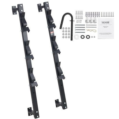 Two black steel vertical mounts with three foam-wrapped hooks each, zinc alloy lock, and mounting hardware for a 3-place trimmer rack.