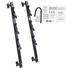 Two black steel vertical mounts with three foam-wrapped hooks each, zinc alloy lock, and mounting hardware for a 3-place trimmer rack.