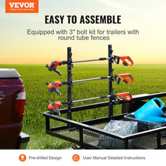 Bostome 3-place trimmer rack with zinc alloy lock mounted on a trailer with three trimmers.