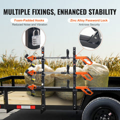 3-place trimmer rack with zinc alloy lock and steel vertical mount on a trailer.