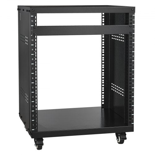 Black steel 12U AV rack stand with open frame, casters, and 500 lbs capacity.