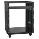 Black steel 12U AV rack stand with open frame, casters, and 500 lbs capacity.