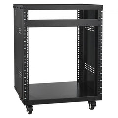 Black steel 12U AV rack stand with open frame, casters, and 500 lbs capacity.