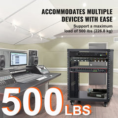 12U steel AV rack stand with 500 lbs capacity, open frame, and locking casters in a studio setup.