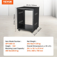 Black steel 12U open-frame AV rack stand with casters, 18-inch depth, and 500 lbs capacity.