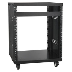 Black steel 12U AV rack stand with open frame, 18-inch depth, locking casters, and top shelf.