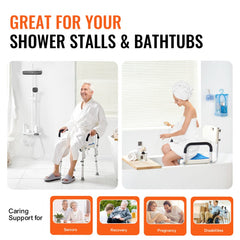 Adjustable height shower chair with 400lbs capacity, shown in use by seniors and others in bathroom settings.