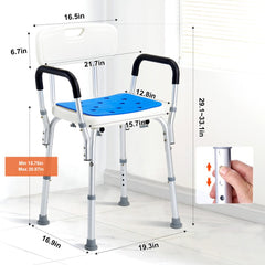 An adjustable height shower chair with a blue seat, white backrest, and black armrests.