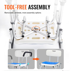 Adjustable height shower chair with removable armrests and tool-free assembly.