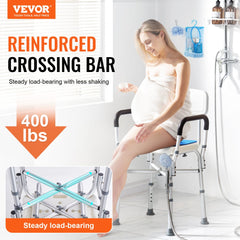 Adjustable height shower chair with arms, back, and 400 lbs capacity for bath safety.