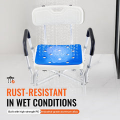 White adjustable-height shower chair with blue drainage seat, arms, back, and rust-resistant aluminum frame.