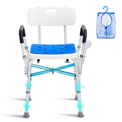 White adjustable-height shower chair with blue perforated seat, arms, back, and mesh storage bag.