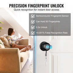 Bluetooth-enabled smart door knob with fingerprint scanner and app control for keyless entry.