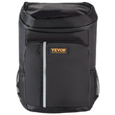 Black Bostome 28-can cooler backpack with insulated compartments and adjustable straps.