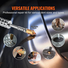 Bostome stud welder dent repair kit with 9 modes and various stud types shown on metal panel.