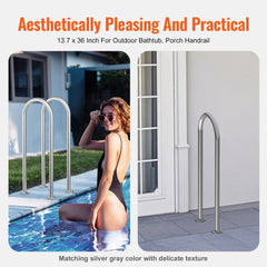 Silver gray aluminum pool handrail with a one-piece design, suitable for indoor or outdoor use.
