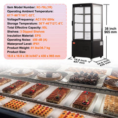 Refrigerated pastry display case with three adjustable tiers and LED lighting.