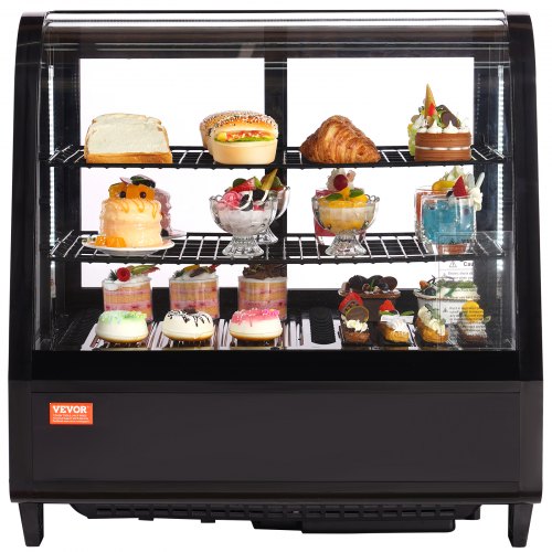 A black countertop refrigerated display case with two tiers of various desserts.
