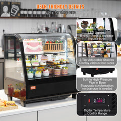 Countertop refrigerated display case with 2 adjustable tiers, LED lighting, and digital temperature control.
