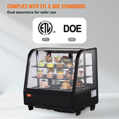 Bostome 3.5 cu ft 2-tier countertop refrigerated display case with LED lighting, ETL and DOE certified, showing desserts inside.