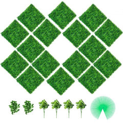 16-pack of 20x20 inch artificial boxwood panels in green diamond shape for privacy hedges.