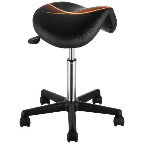 Black adjustable height saddle stool with orange accents, PU leather seat, wheeled base.