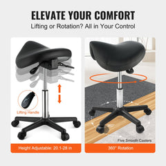 Black adjustable height saddle stool with PU leather seat, wheeled base, and lifting handle.
