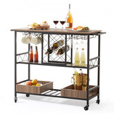 Black metal 3-tier rolling bar cart with wine rack, glass holders, and wooden shelves.