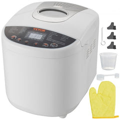 White Bostome 19-in-1 2LB bread maker with digital display, ceramic pan, measuring cup, spoon, and oven mitt.