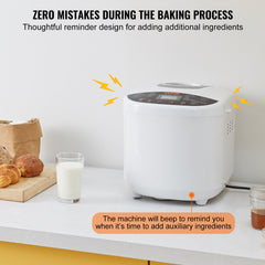 White Bostome 19-in-1 bread maker with digital display, ceramic pan, and ingredient alert beep.