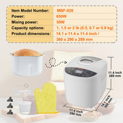 White Bostome 19-in-1 bread maker with digital display, 2 lb capacity, and dimensions shown.