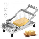 Silver aluminum alloy cheese slicer with 0.39" and 0.78" blades, slicing yellow cheese into even pieces.