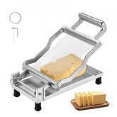 Silver stainless steel cheese slicer with thin wires cutting yellow cheese block into slices.